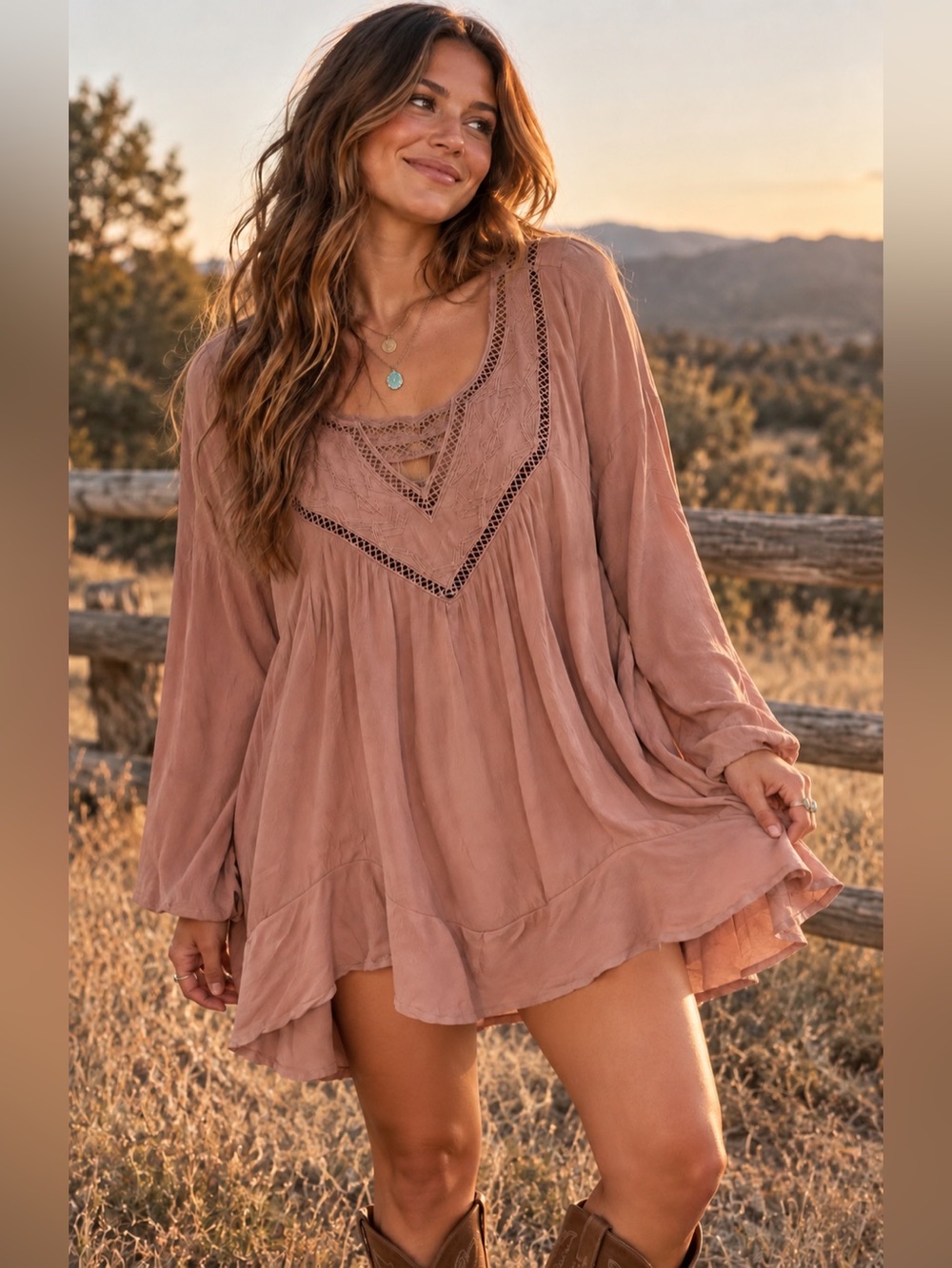 l*space Dusty Rose Boho Lace-Trim Tunic Cover-Up